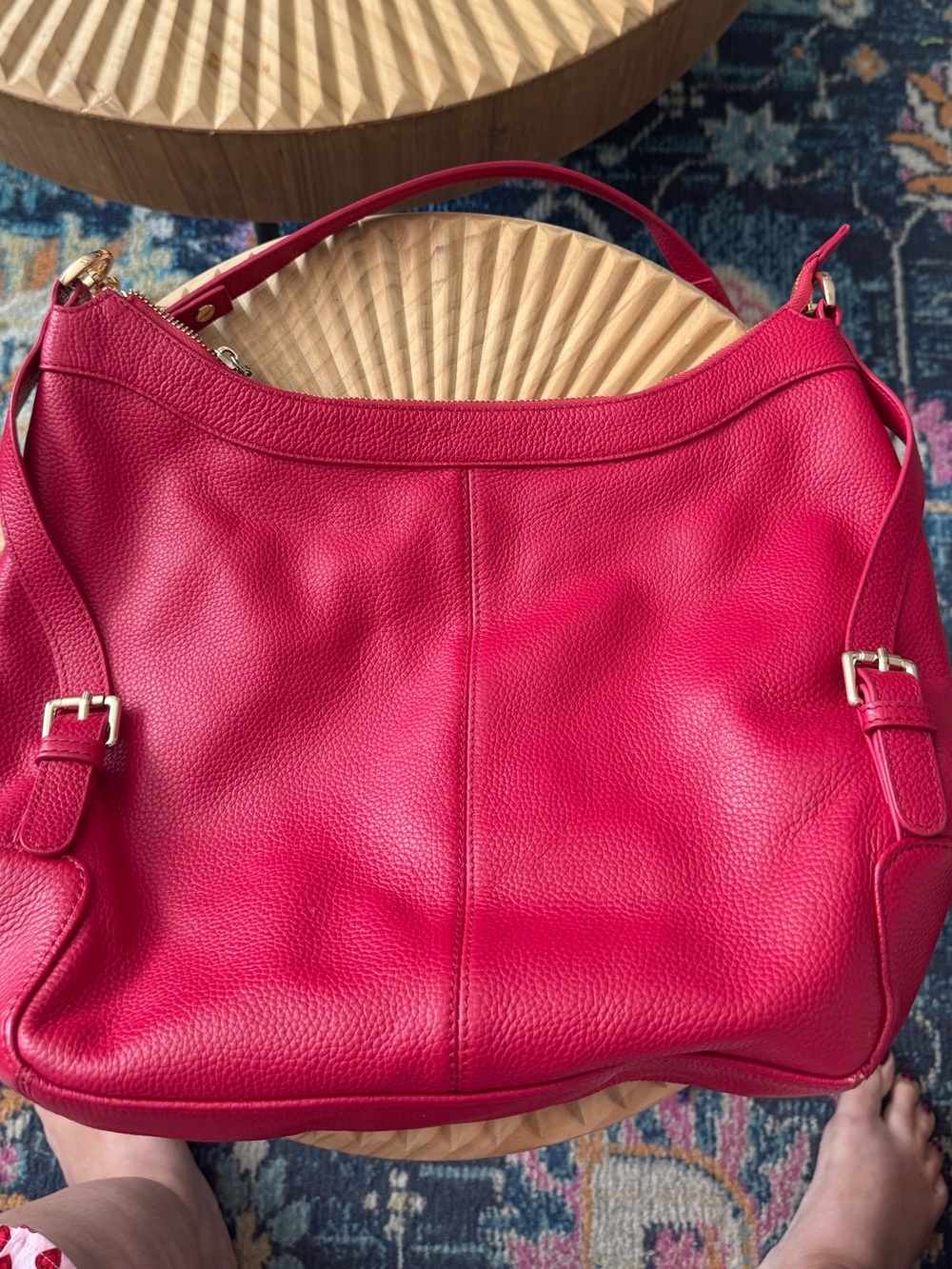 Ora Delphine Pebbled Leather Hobo Bag Gold Hardware Red FLAW